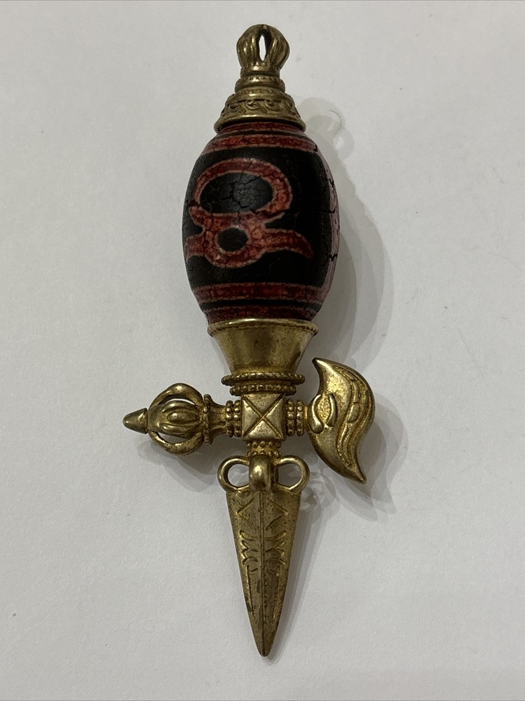 Tibetan Brass Ritual Implement Encased "Wealth god" Dzi Bead