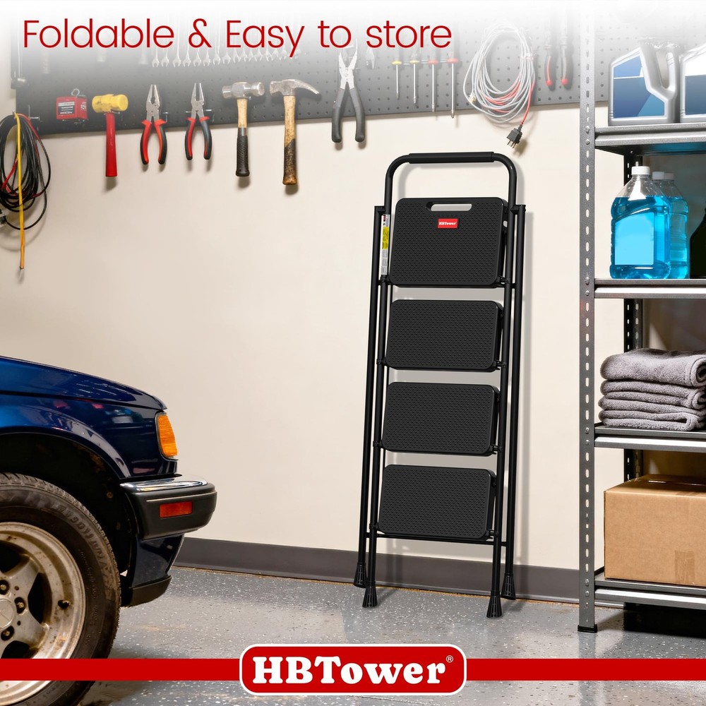 HBTower Step Ladder, Stool Foldable for Adults with 4 Black