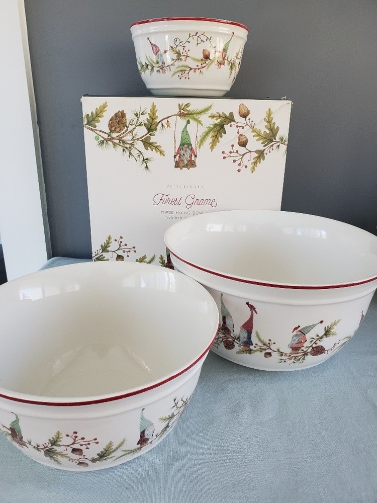 Pottery Barn Forest Gnome Three Mixing Bowls Nesting 3 pc Set with Original Box