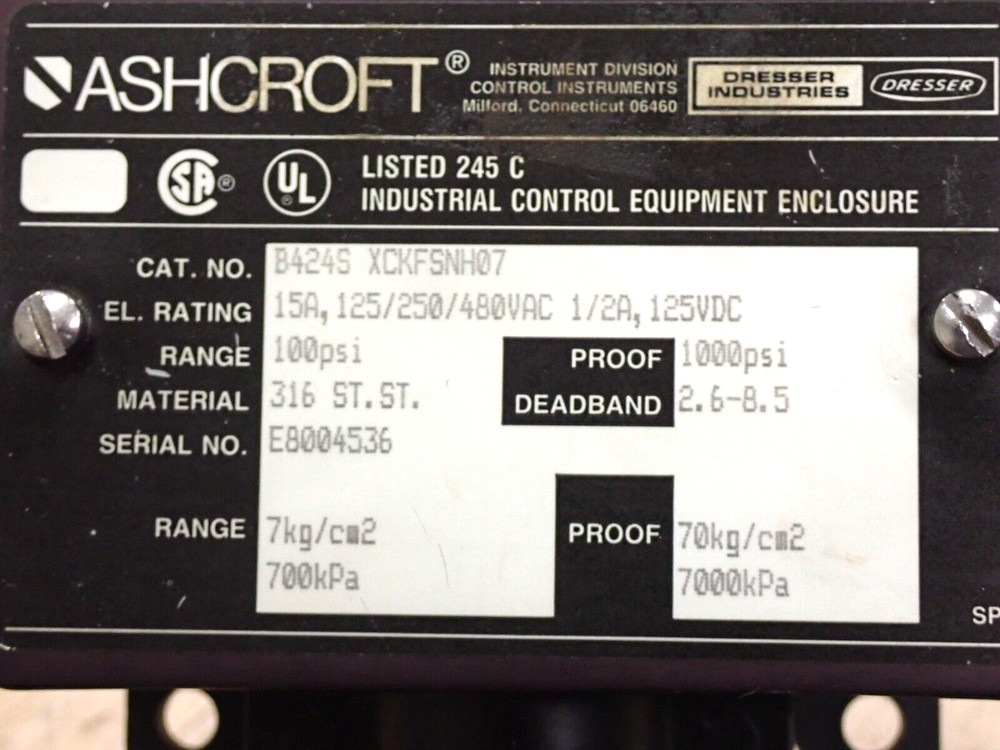 B424S ASHCROFT PRESSURE SWITCH
