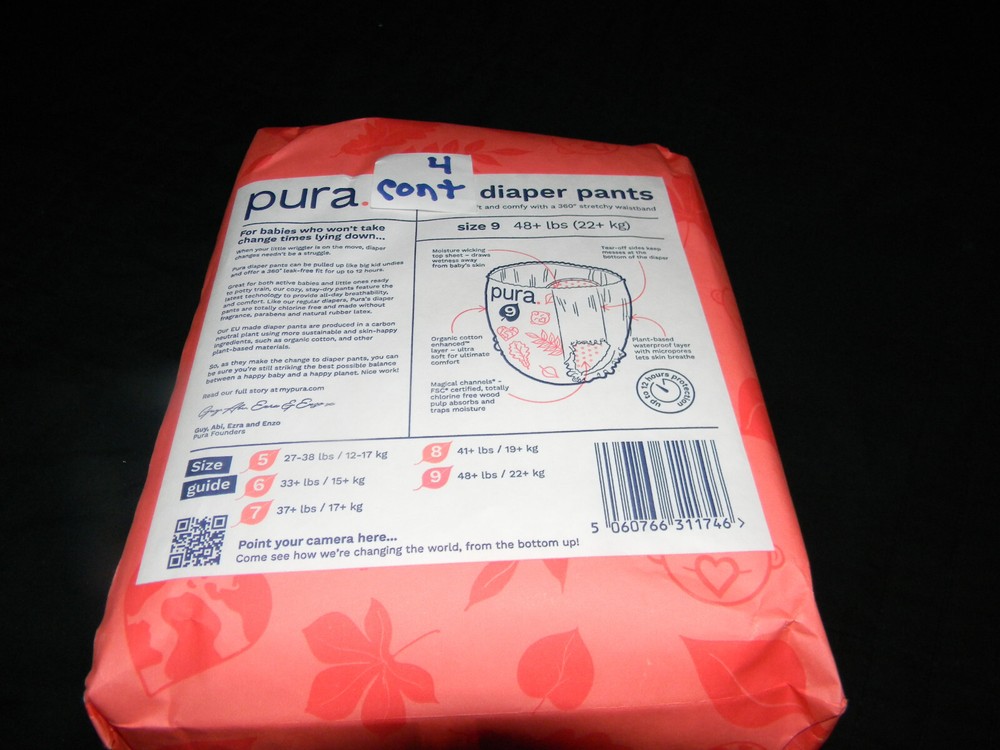4 sample PURA Chlorine FREE Disposable Diapers pull-ons (48+Lbs) Size 9.