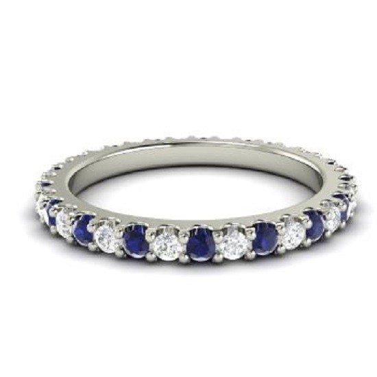 0.72 Ct Natural Round Shape Sapphire Diamond Ring 14K Solid White Gold