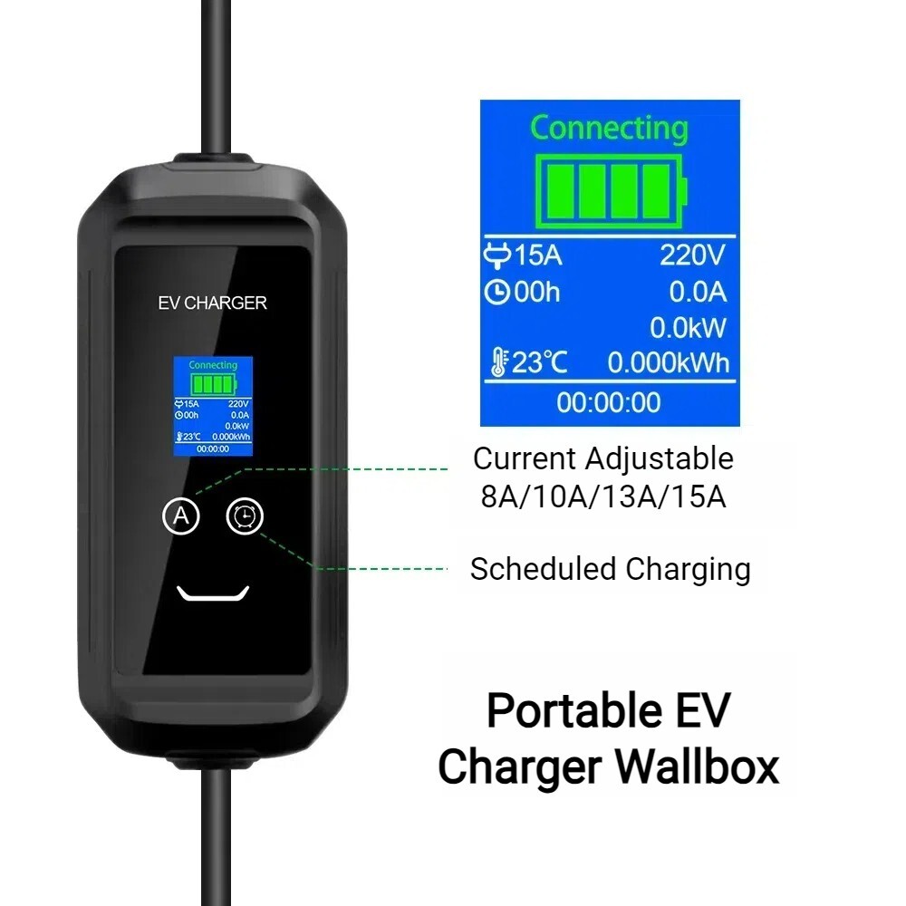 AU 8A-15A (adjustable) Type 2 Portable Charger, With Screen, Delayed Charging,5m
