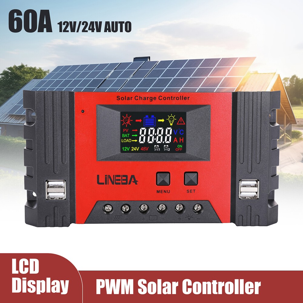 100A PWM Solar Panel Charge Controller 12/24/48V Auto LCD Display 4USB Timer Set