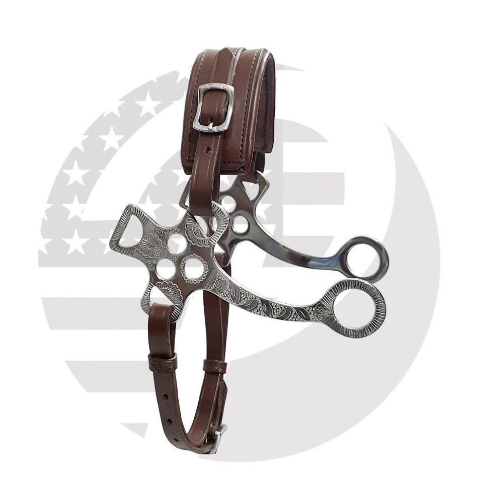 Hackamore Bitless Horse Bit English Western Adjustable Brown Leather Engraving
