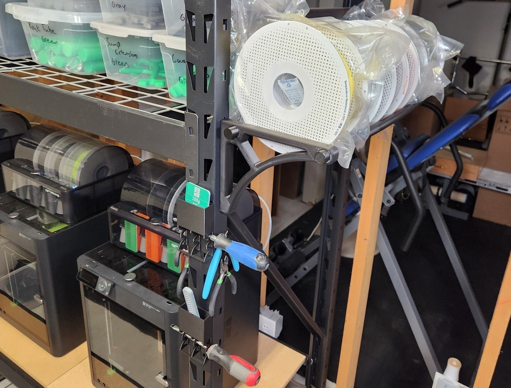 Filament spool and tool storage for 77" Muscle Gorilla rack 3D printer workspace