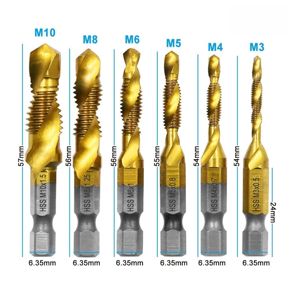 6 PCS Combination Drill and Tap Set, Professional HSS Titanium Thread Tap Drill