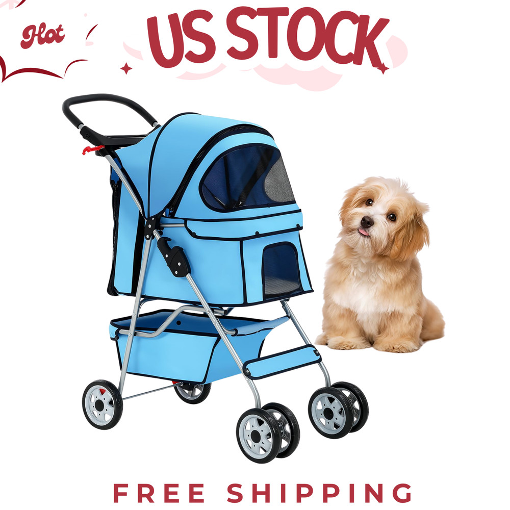 4-Wheel Pet Stroller - Blue Foldable Carrier with Cup Holder
