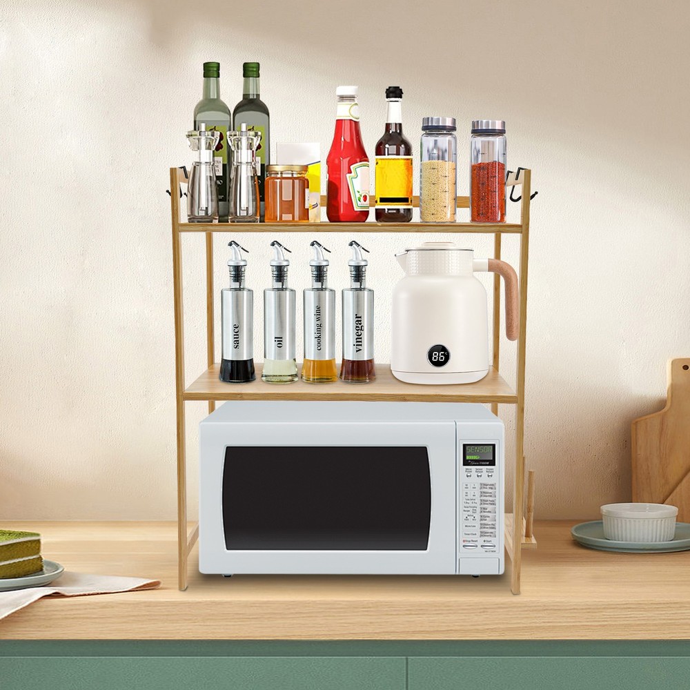 2-tier Bamboo Kitchen Rack, Microwave Oven Stand, Storage Shelf Organizer Rack