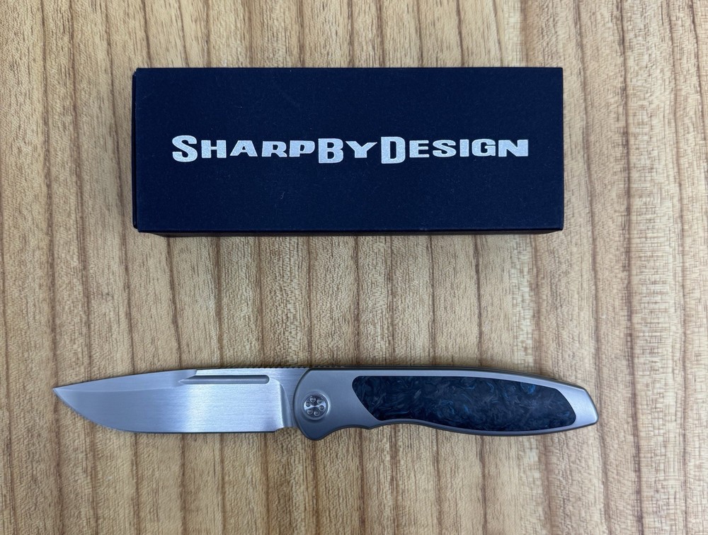 SharpByDesign Mini Tempest Titanium / Blue CF Inlay – Satin Blade – w/ Box