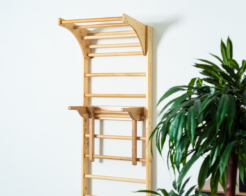 Wooden Wall Bars with adjustable Pull Up bar and Dip Bar