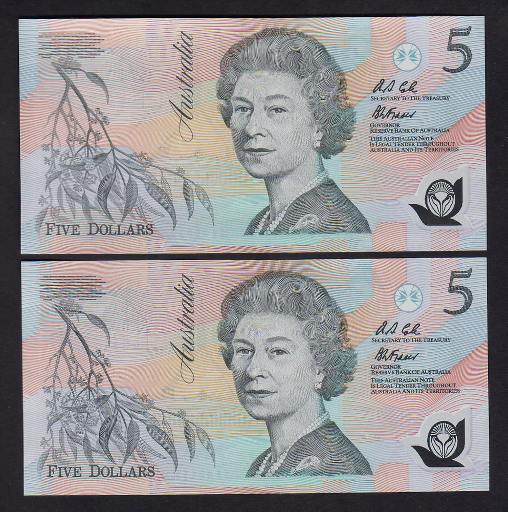 R-214. (1992) Fraser/Cole.. 5 Dollars.. Prefix AA 48.. UNC - CONSECUTIVE Pair
