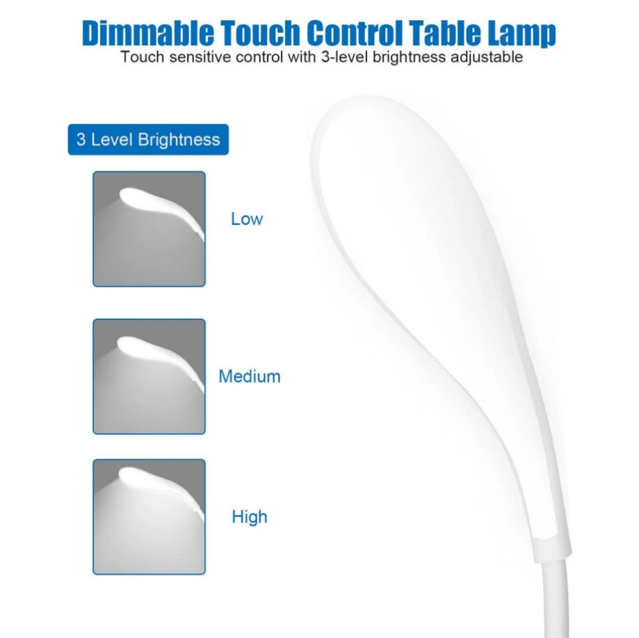 USB LED Desk Light Dimmable Bedside Reading Lamp Rechargeable Touch Control -&