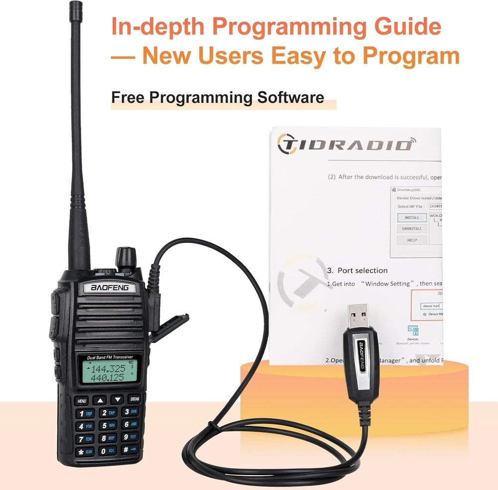 Long Range UV-82 Handheld Walkie Talkie with Speaker Mic & USB Programming Cable