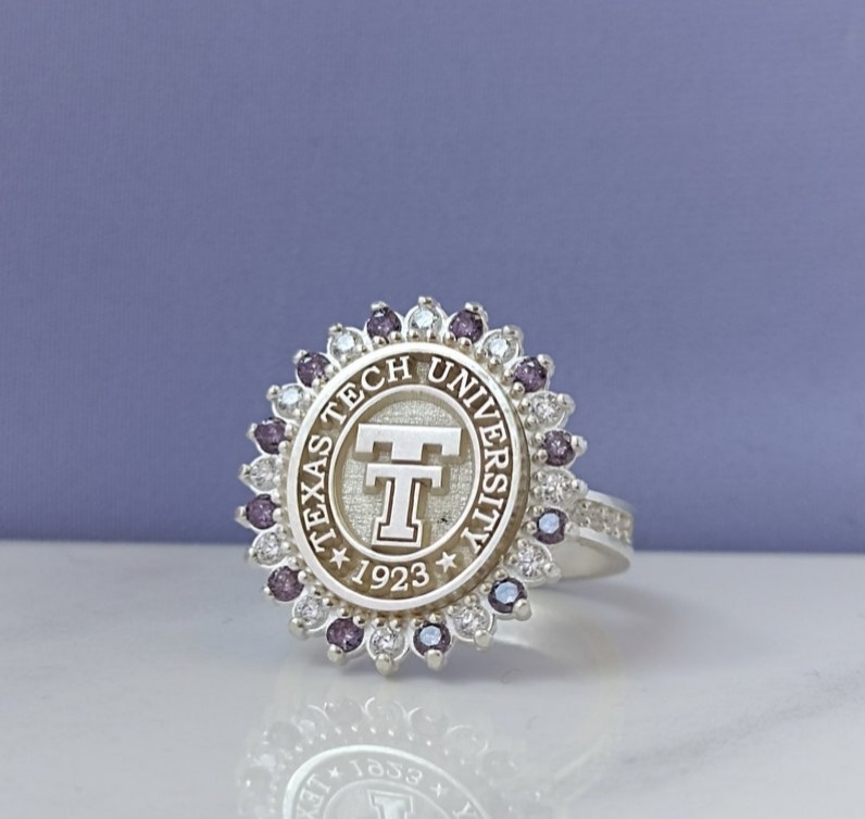Texas Tech University Class Ring 1923 Silver with Purple & White Stones