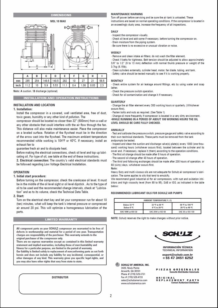 SCHULZ AIR COMPRESSOR PUMP - MSL-10MAX - CAST IRON