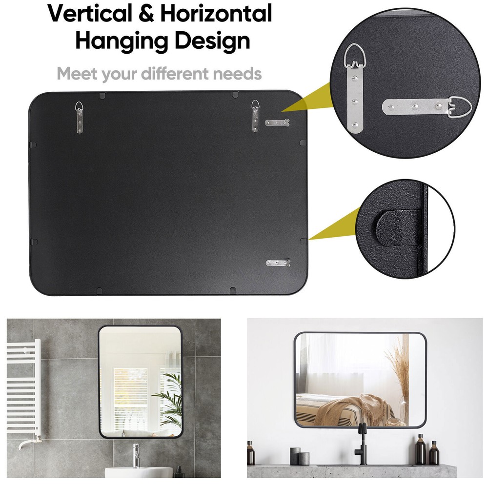 30in Black Metal Frame Wall Mirror for Bathroom Rectangular Vanity Mirror Decor