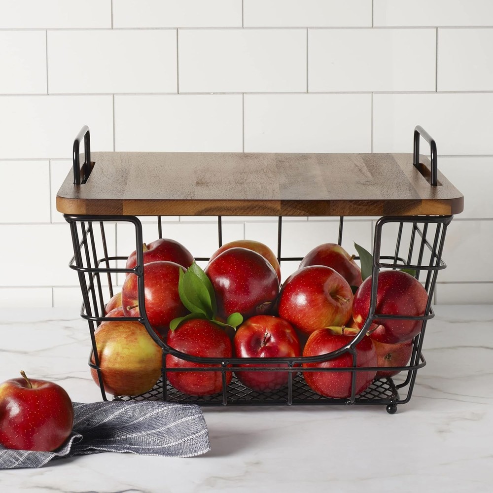 Madam Metal Stacking Nesting Rectangular Basket W/ Acacia Wood Lid Space Saving