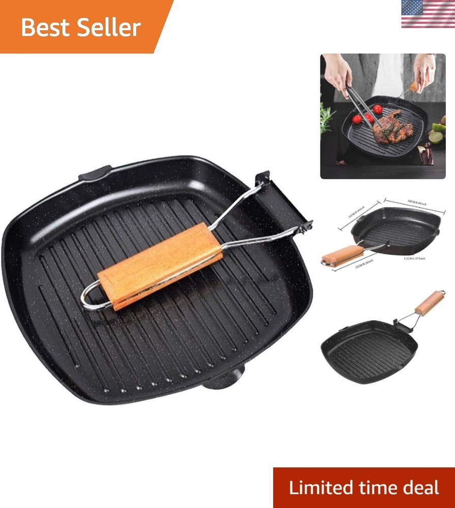 Versatile 24cm Cast Iron Grill Pan - Non-Stick & Folding Handle for Easy Storage