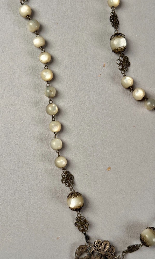 Antique MOP Balamuti Bead Rosary Filigree Silver Cross Crucifix Pendant Necklace