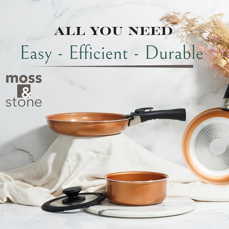 Nonstick Copper Pots & Pans Set Removable Handle Stackable Cookware 7 Pcs New