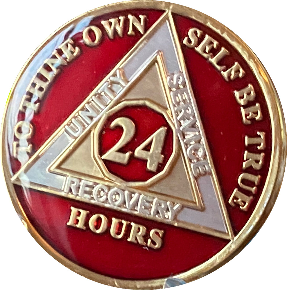 24 Hours AA Medallion Metallic Red Tri-Plate Sobriety Chip