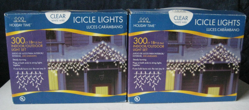 2-Boxes Holiday Time 300ct (each box) Clear Icicle Light White Wire