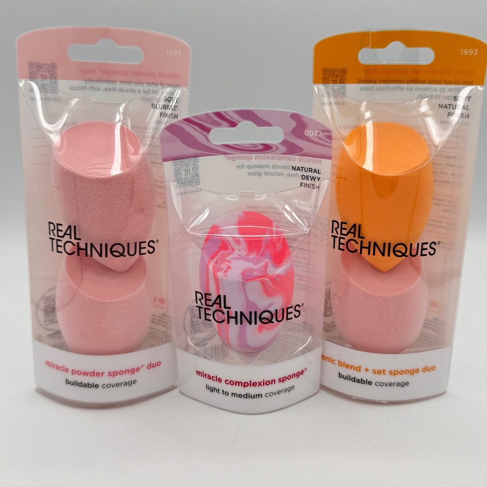 Real Techniques Makeup Sponge Set 5pc Pink Orange Swirl NEW Miracle Complexion