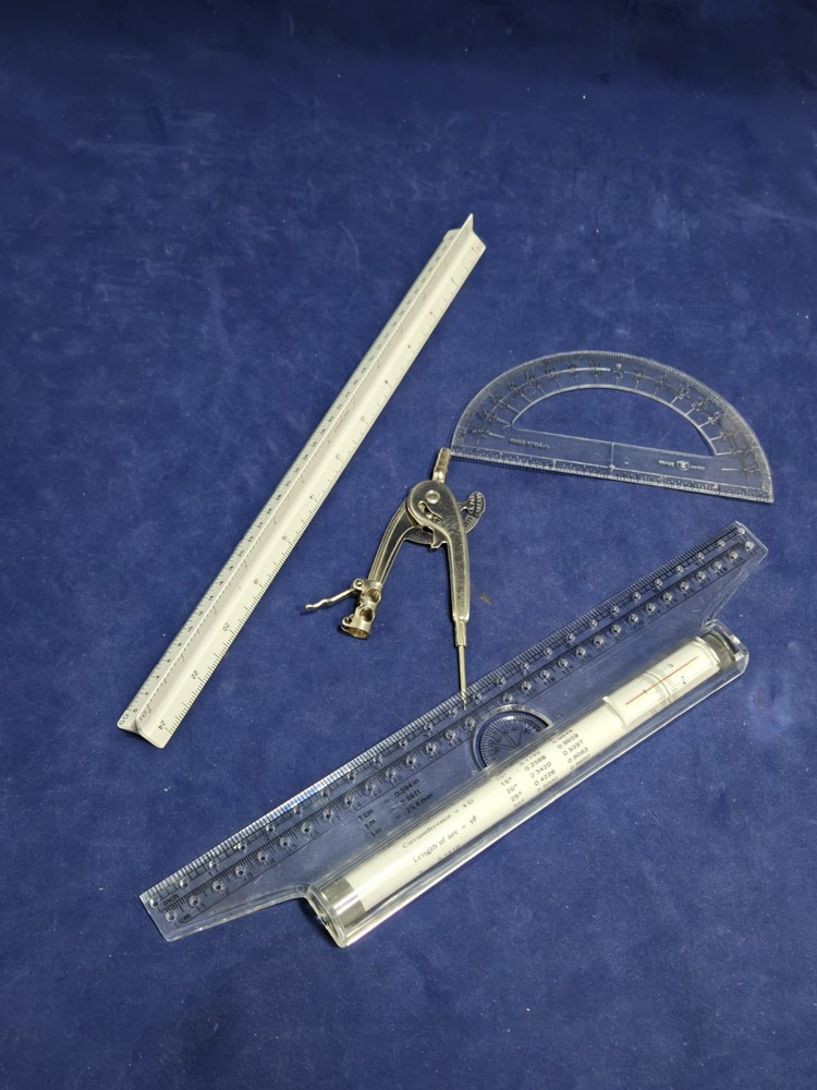 4 Piece Math Set, Measuring Devices, Sterling 3 Sided Ruler, Compass ~ A2104