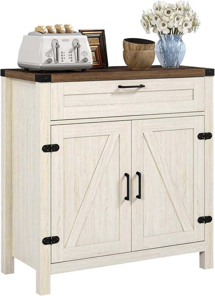 Modern Farmhouse Sideboard with Barn Doors & Storage Drawer, Distressed White