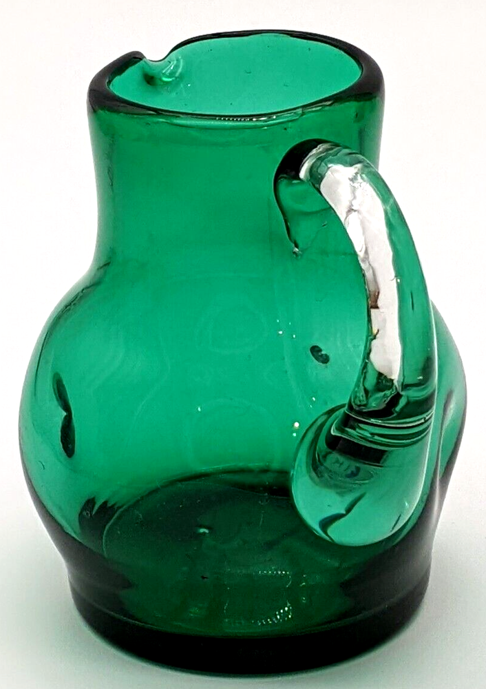 Hand Blown Green Pinched Art Glass Pitcher Applied Clear Handle