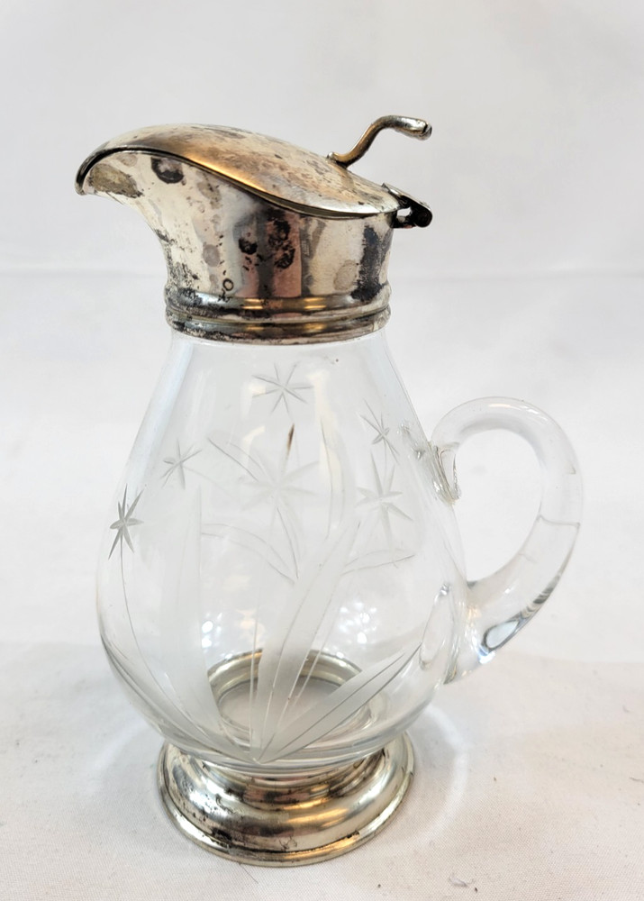 Vintage Sterling Silver Cut Glass Syrup Pitcher