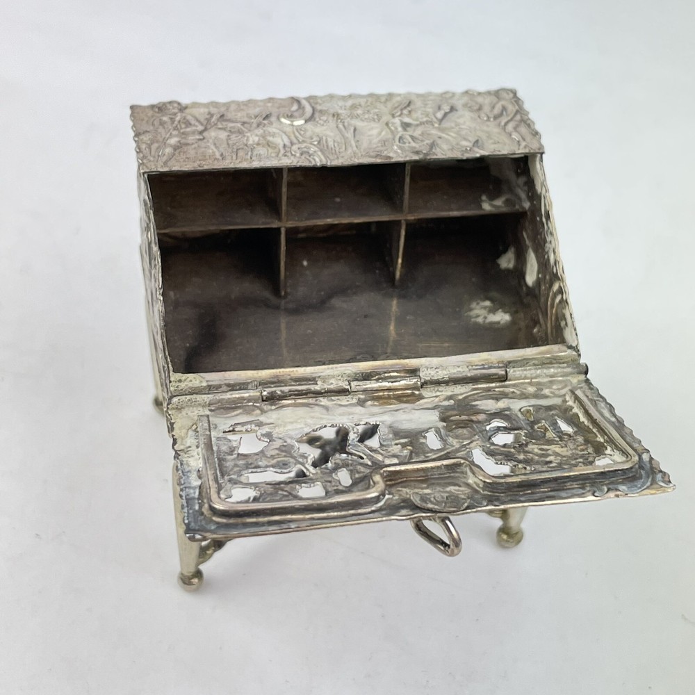 Antique Dutch Solid Silver Novelty Miniature Bureau Pierced Rococo Design 5.7cm