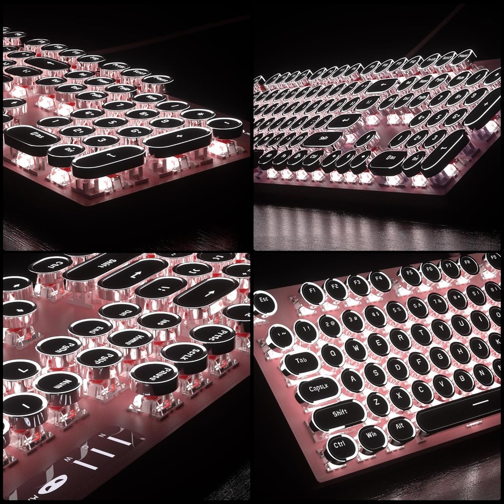 Retro Pink Typewriter-Style Keyboard and Mouse Combo, Cute Light Up Wired Mec...