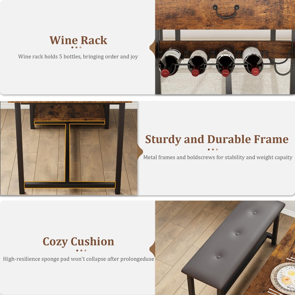 Dining Table Set for 4 Kitchen Table with 2 Benches, Storage Drawers ,Wine Rack