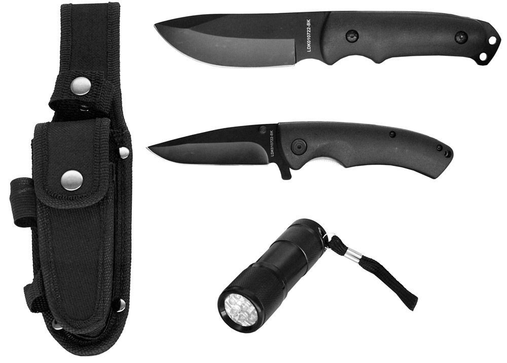 Survival Camping Black Stealth Fixed-Blade Folding Knife & LED Flashlight SET