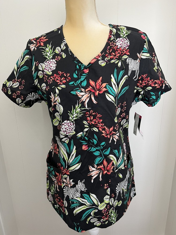 NWT Womens Medium ScrubStar Nurse Medical Pattern Scrub Top Zebra Jaguar Amazon