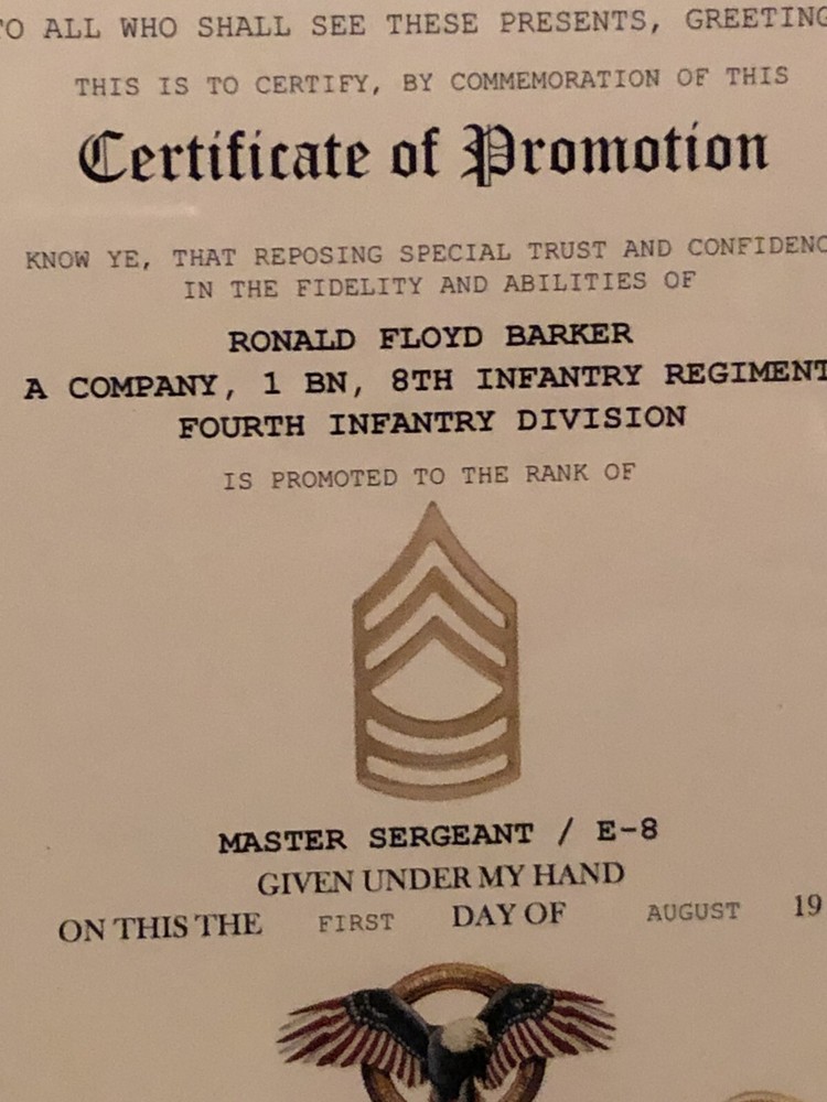 MASTER SERGEANT / MSG (E-8) U.S. Army ~ Commemorative Promotion Certificate