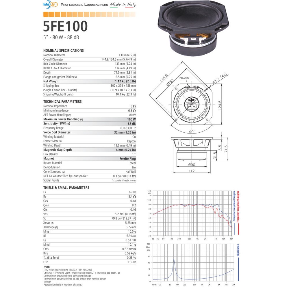 Faital Pro 5FE100 8ohm 5" 160W Woofer Midrange Line Array Replacement Speaker