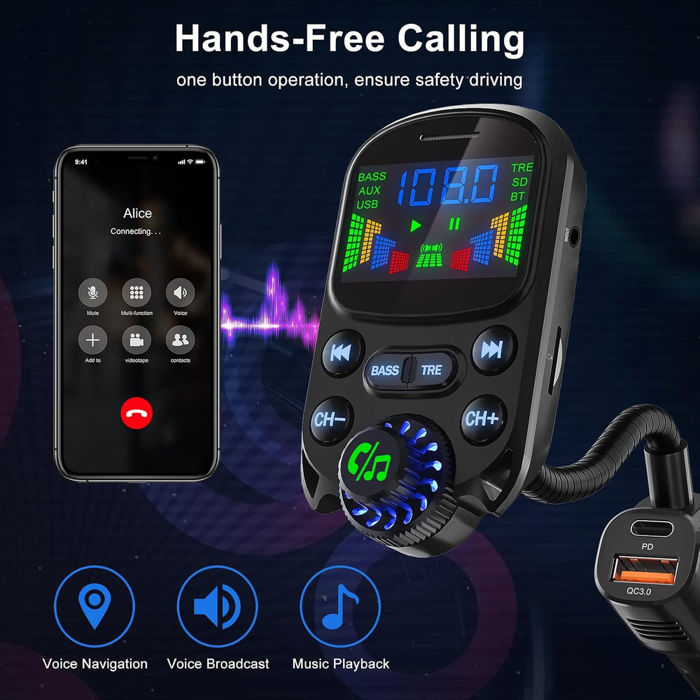 Bluetooth 5.3 FM Transmitter for Car SOARUN Bluetooth Car Adapter PD30W & USB Po