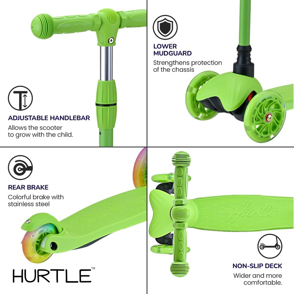 Hurtle Lightweight & Adjustable Mini Kickboard Scooter w/LED Light Wheel (Green)