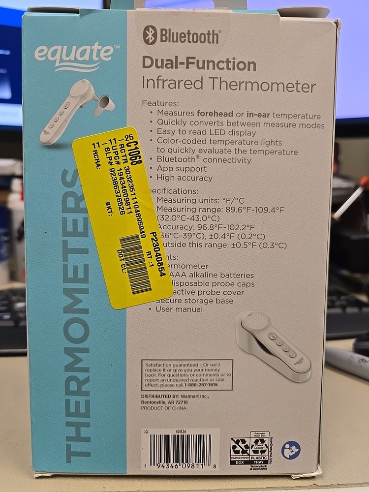 Equate Bluetooth Dual-Function Infrared Thermometer, Forehead and Ear Mode