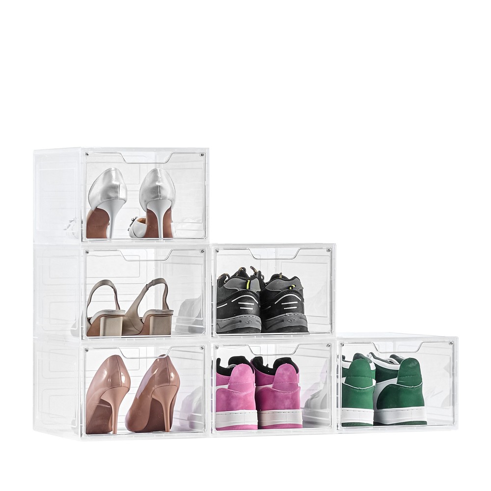 Shoe Storage Boxes 6 Pack Stackable Shoe Boxes US Size 13 Transparent White