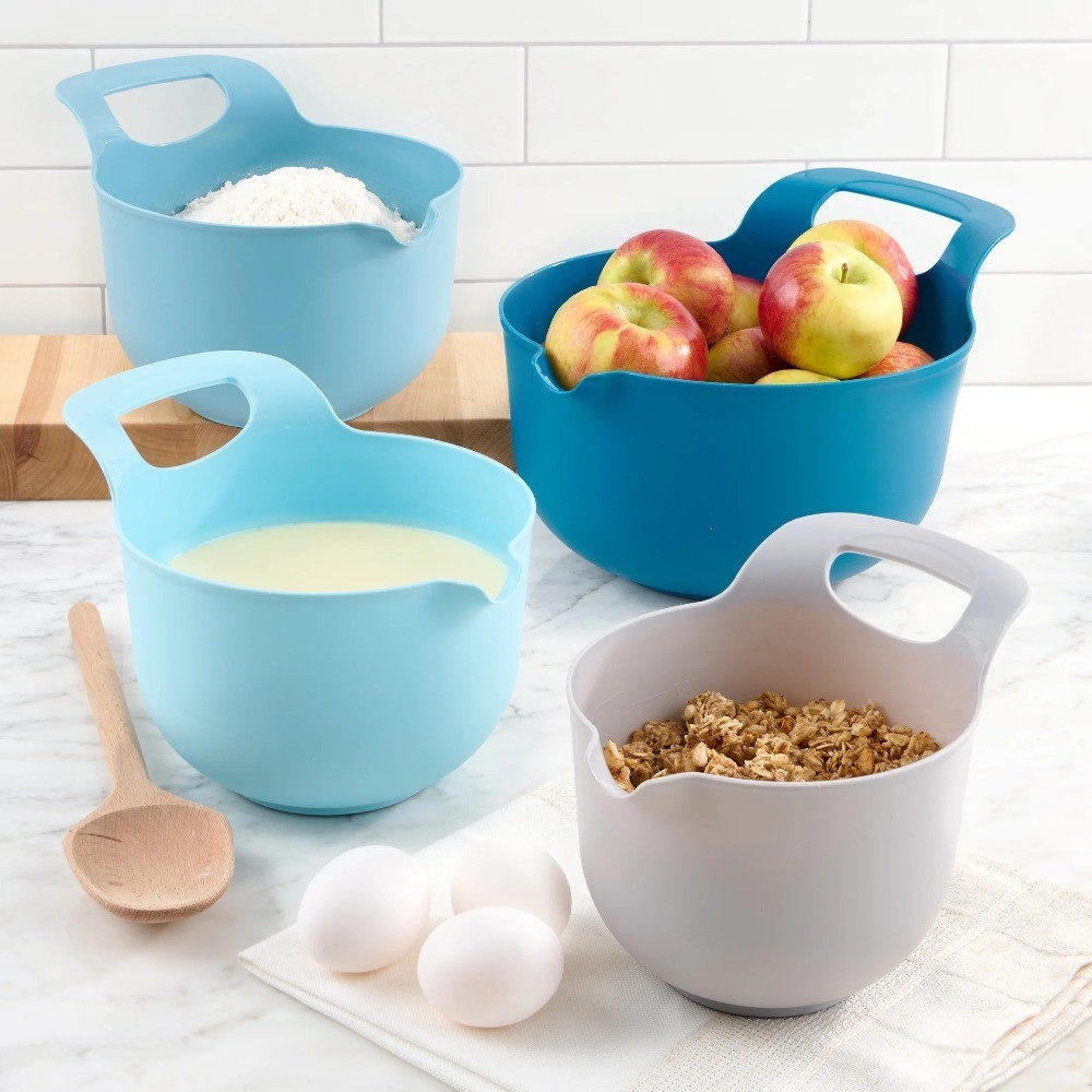 Nesting Plastic Mixing Bowl Set with Pour Spouts and Handles, 4 Piece Kitchen
