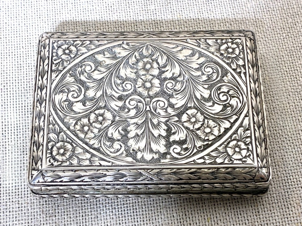 Antique 800 Silver Engraved Cigarette Case Snuff Trinket Box Ruby Clasp 86g