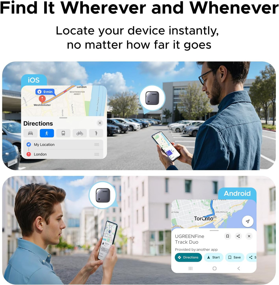Finder Duo (Ios and Android) Air Tracker Tags 4 Pack, Rechargeable Bluetooth Tra