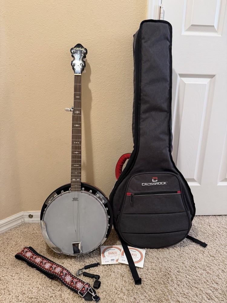 Mitchell MBJ200 Mahogany 5 String Banjo + Crossrock Bag + Strings Bundle READ