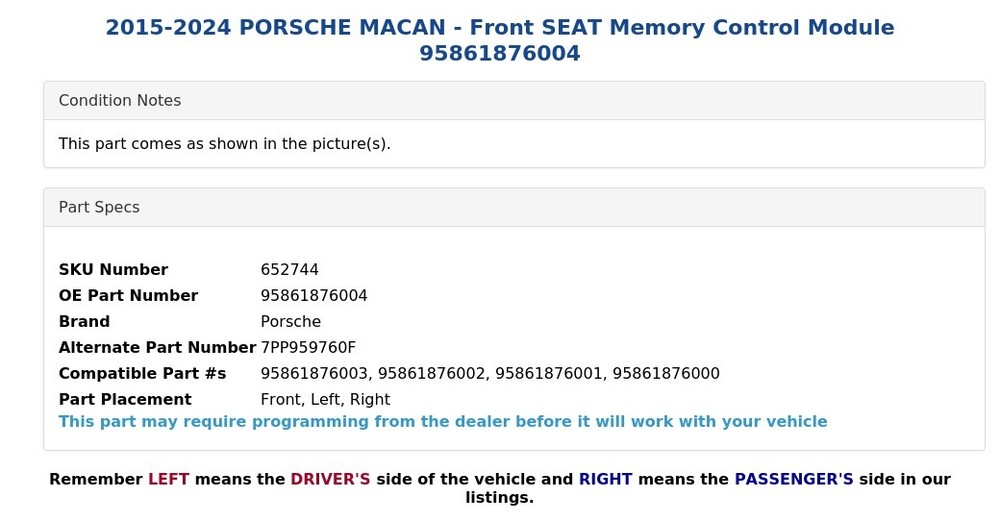 2015-2024 PORSCHE MACAN - Front SEAT Memory Control Module 95861876004