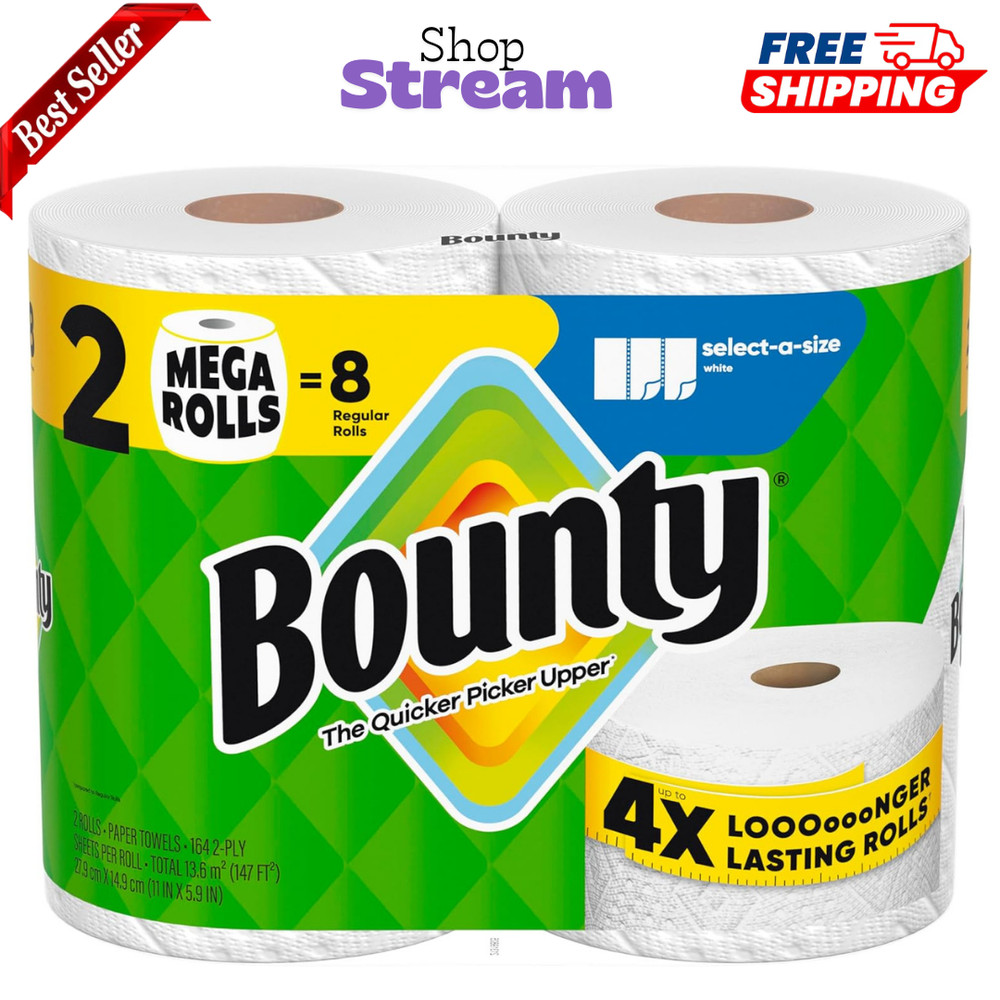 Bounty Select-A-Size Paper Towels, White, 2 Mega Rolls = 8 Regular Rolls..