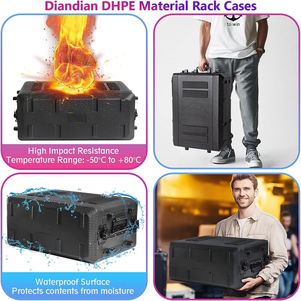 2U Rack Case, Space 16" Deep 19" Rackmount Flight Cases Microphone Carrying Case